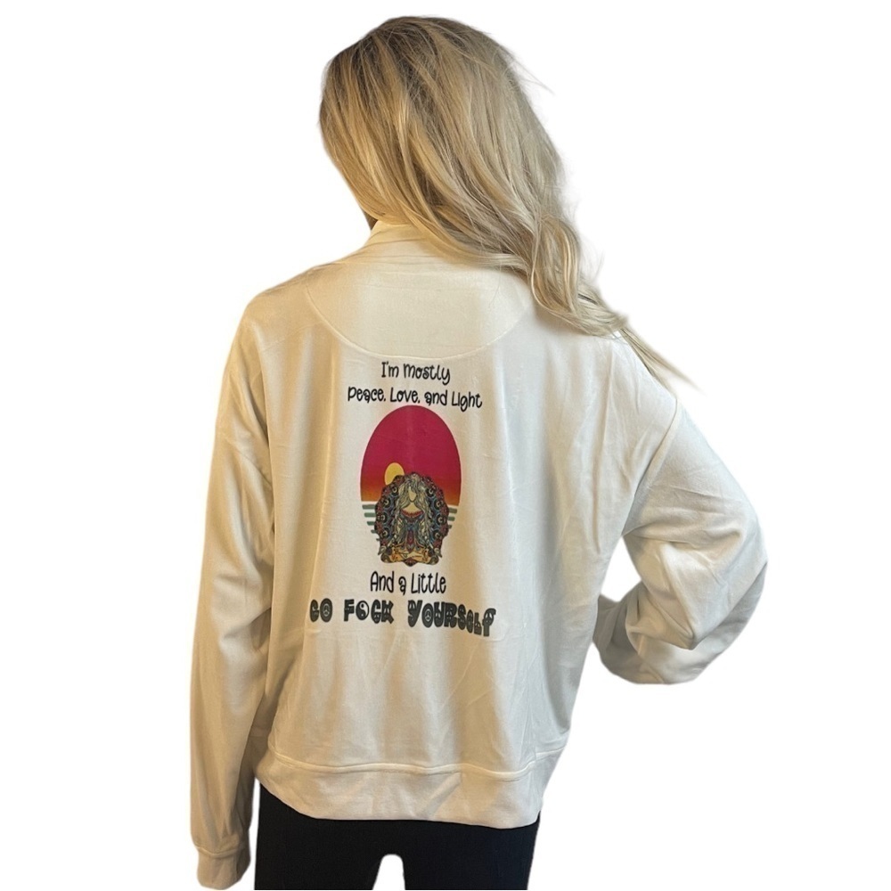 Meditation/yoga girl “peace, love & light…”white upcycled 1/2 zip top/sweatshirt